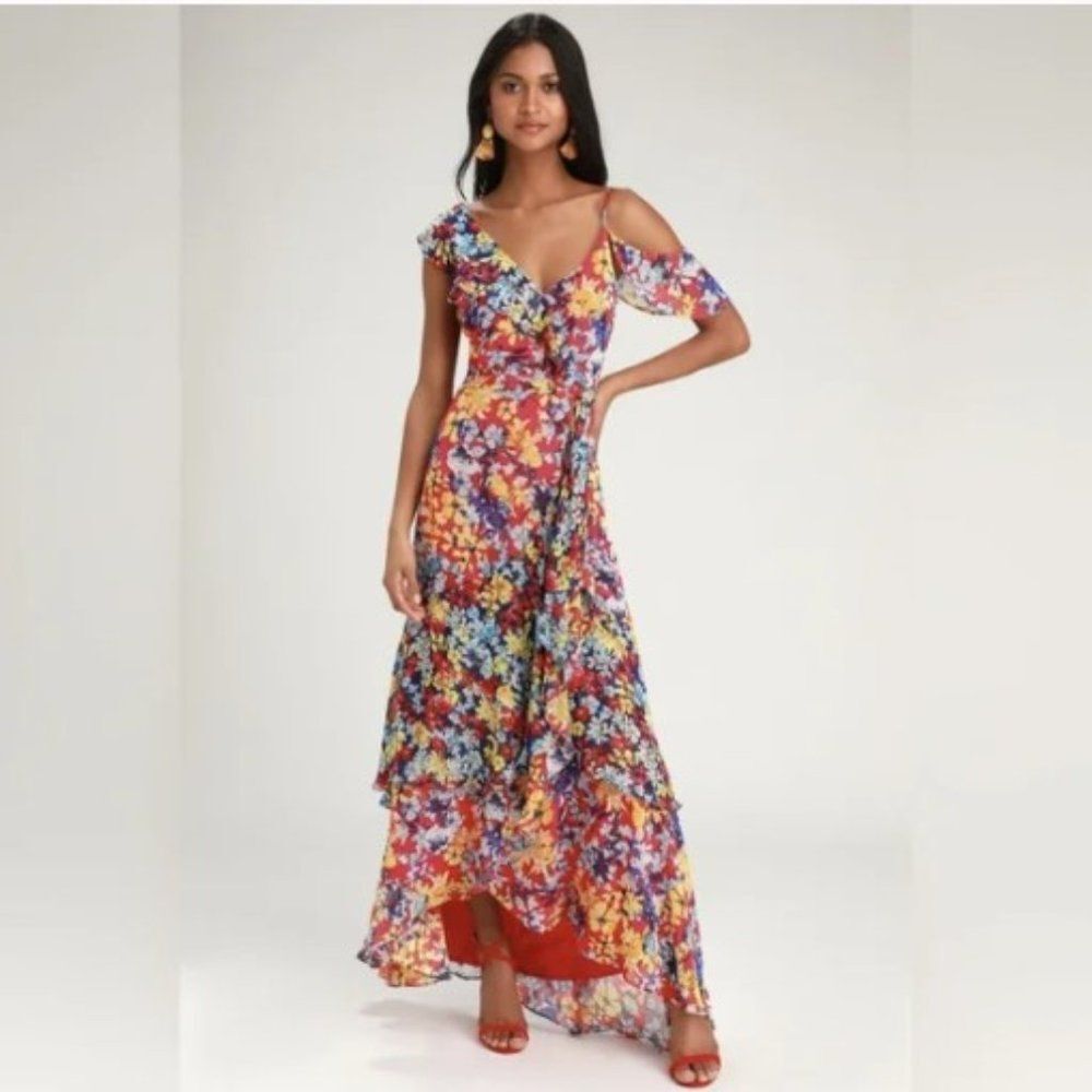 Lulu's Radiant Ruby Red Floral Print Chiffon Maxi Dress XS NWT